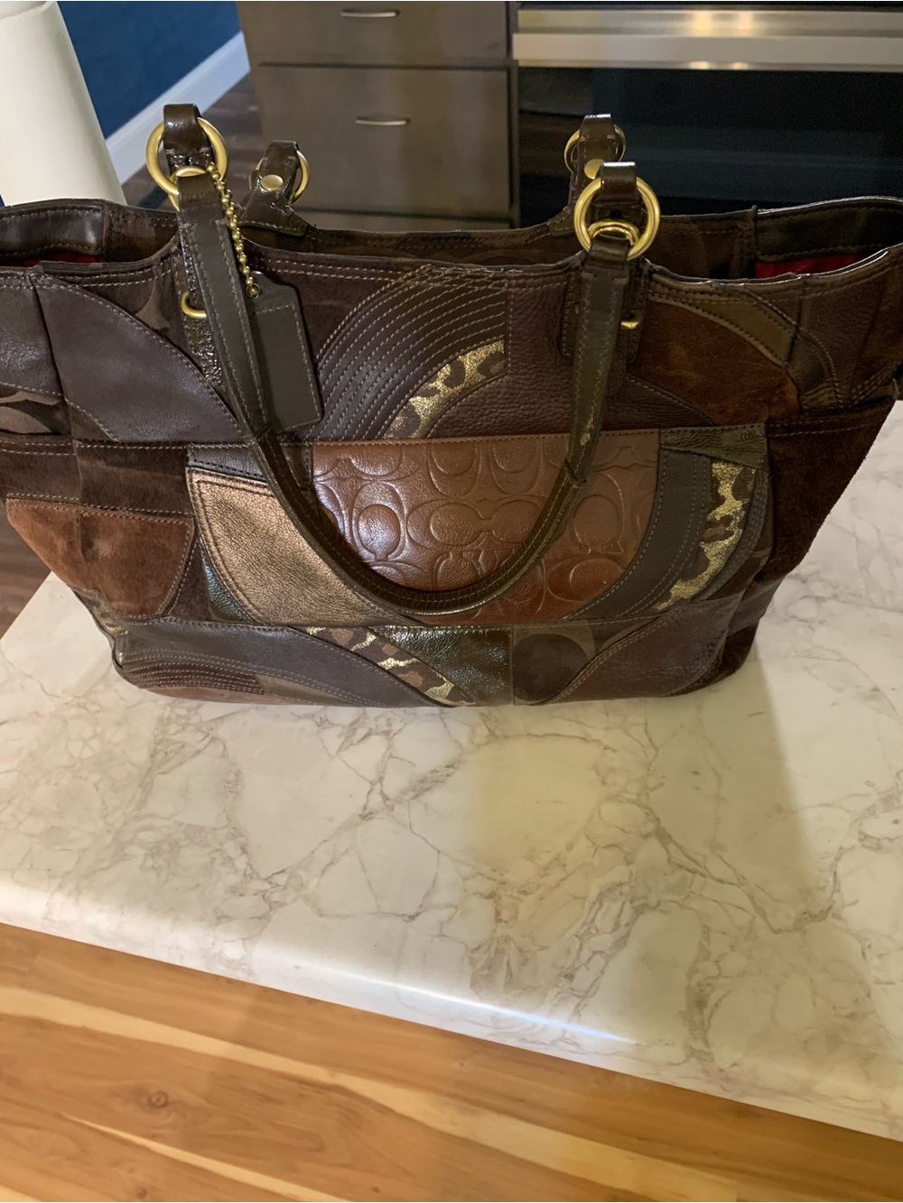 Coach Patchwork Leather Tote in Brown with Metallic Accents
